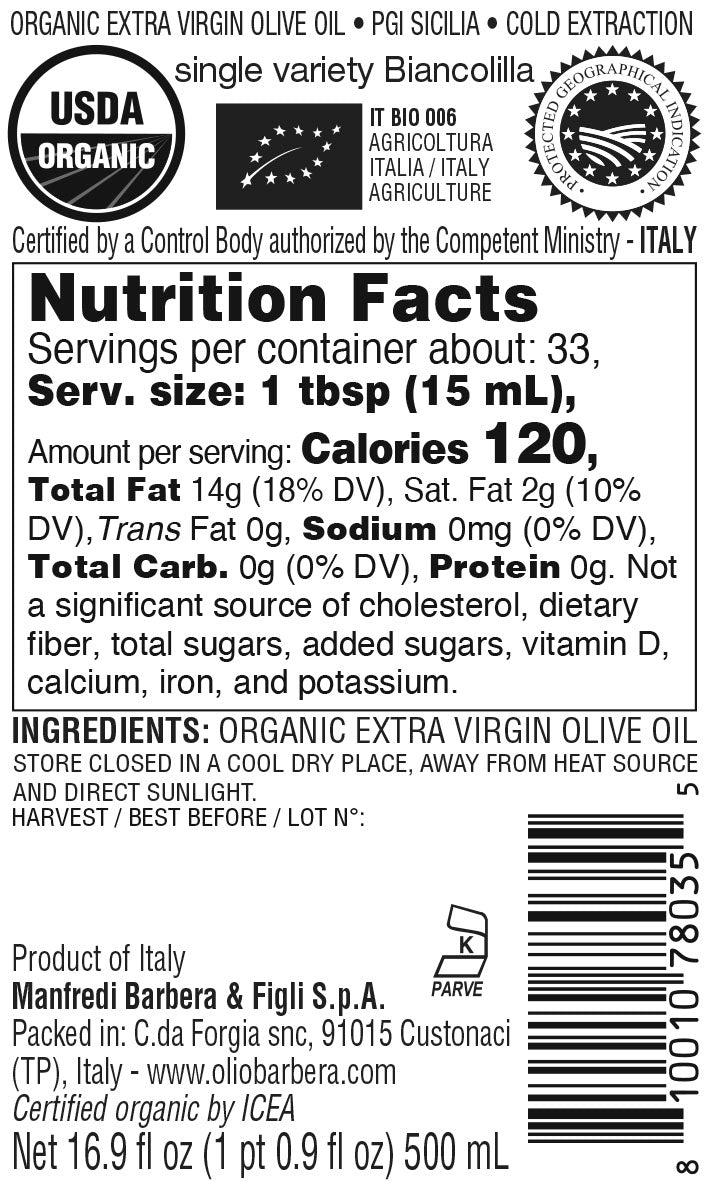 Villa Barbera - IGP Sicilia - Biancolilla Organic- 500 mL